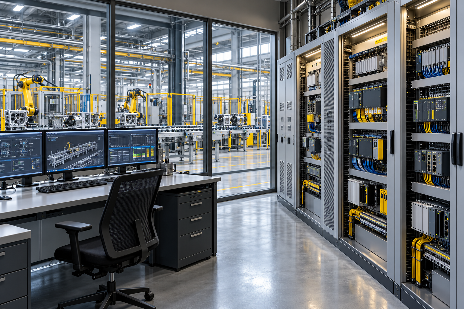 AI-generated concept: Plant control room with networked control cabinets and production equipment