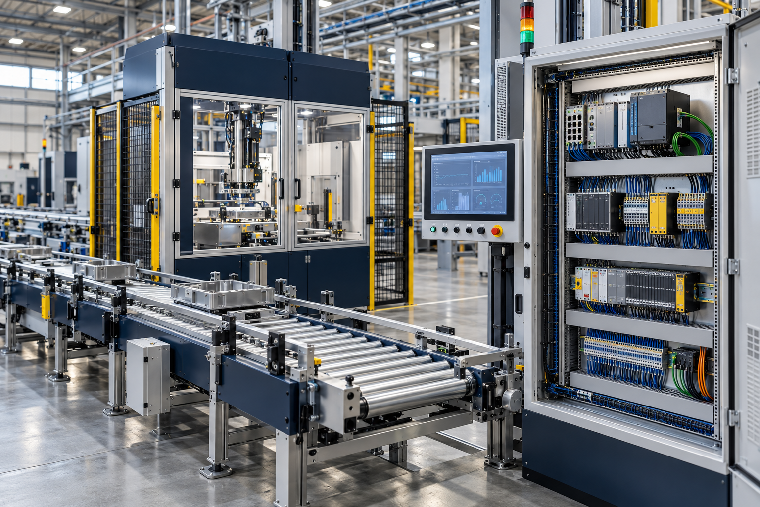 AI-generated concept: Connected manufacturing cell with conveyor, PLC cabinet and operator display